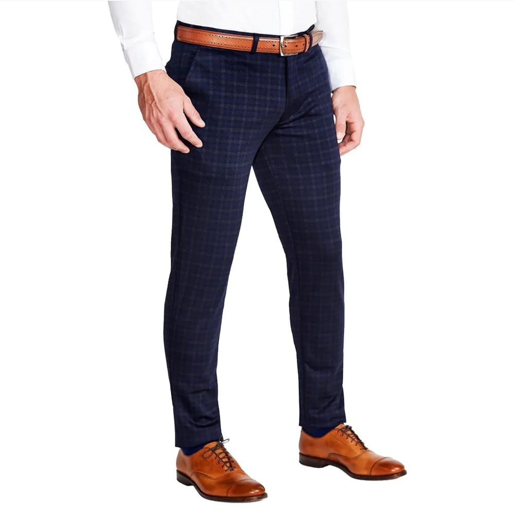 State & Liberty ATHLETIC FIT STRETCH SUIT PANTS - BLUE PLAID - 36 x 34-36